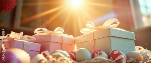 Elegant gift boxes with ribbons and decorated eggs, illuminated by sunlight. Holiday celebration theme.