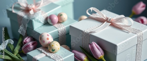 Elegant gifts and decorated eggs are arranged with spring flowers for a special celebration.