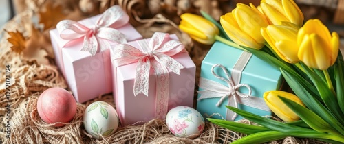 Spring gifts: wrapped boxes, tulips, and painted eggs create a beautiful, festive arrangement.