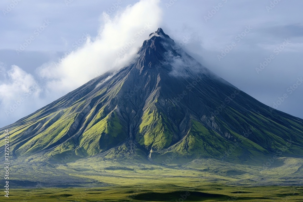 Fototapeta premium Majestic volcano towers over lush green landscape under a cloudy sky