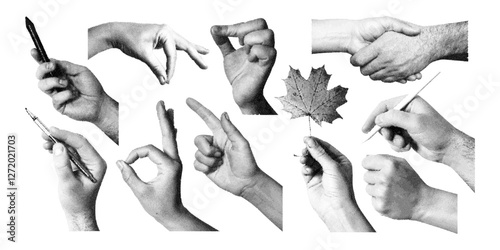 Halftone hand. Collage photocopy gestures arms. Retro grainy y2k effect hands signs. Grunge cut out paper shaking hand, holding pen. Vector set