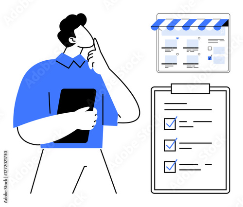 Person holding a tablet and contemplating in front of an e-commerce website with a striped awning and a checklist on a clipboard. Ideal for business planning, e-commerce, organization, productivity