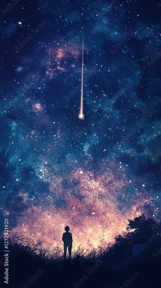 Fototapeta premium Person watches shooting star falling from a colorful galaxy