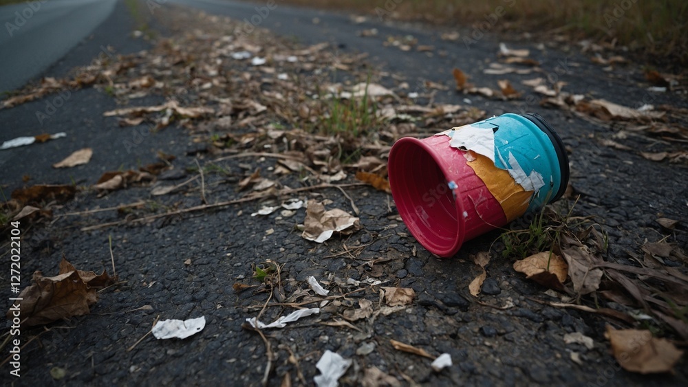 Discarded colorful coffee cup on a littered roadside with fallen leaves and debris
Discarded colorful coffee cup on a littered roadside with fallen leaves and debris