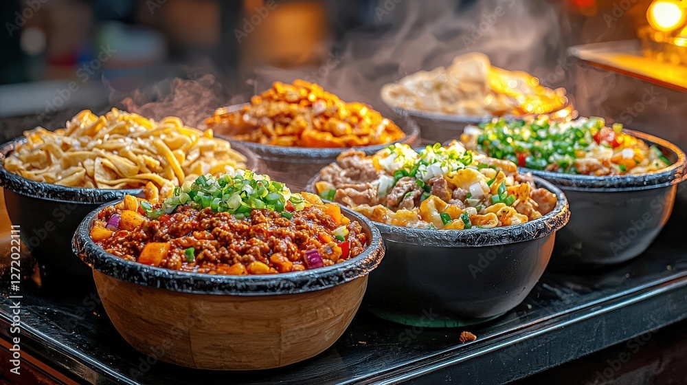 Fototapeta premium A vibrant street food market atmosphere where chili con carne is served in colorful taco trucks