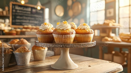 A vintage bakery interior, blueberry muffins presented on an ornate cake stand, surrounded by antique baking tools and a chalkboard menu, with warm lighting creating a cozy ambianc photo