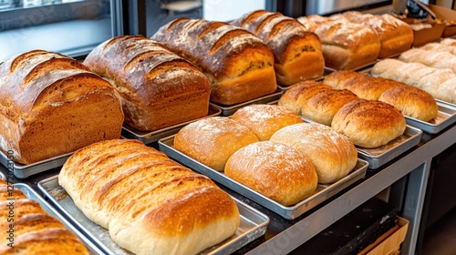 Close up of a bakery at dawn, trays of fresh bread lined up, the scent of warm dough filling the air