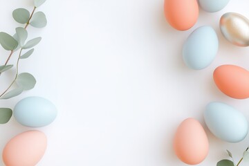 Flat lay of pastel colored easter eggs forming a border on a white background with eucalyptus leaves, creating a festive and minimalist spring scene