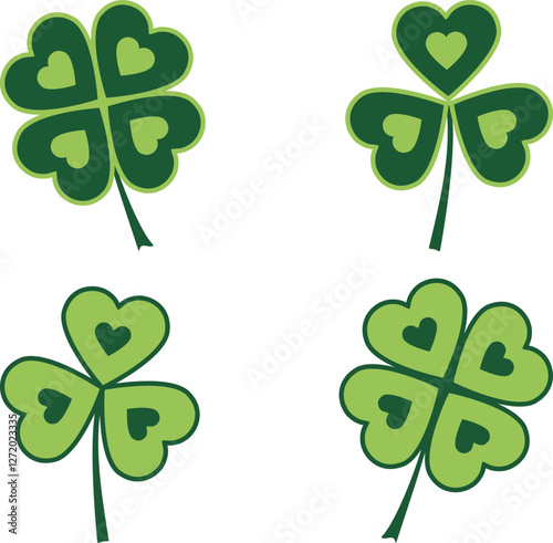 Clover Icon set, shamrock, lucky Irish sign, Santa Patrick's Day symbol good luck sign. Green leaves on transparent. Vector illustration EPS 10,
