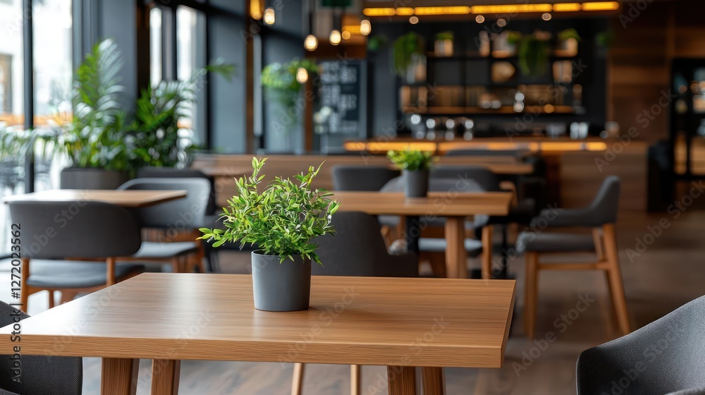 Fototapeta premium Modern Restaurant Interior with Wooden Tables and Grey Chairs