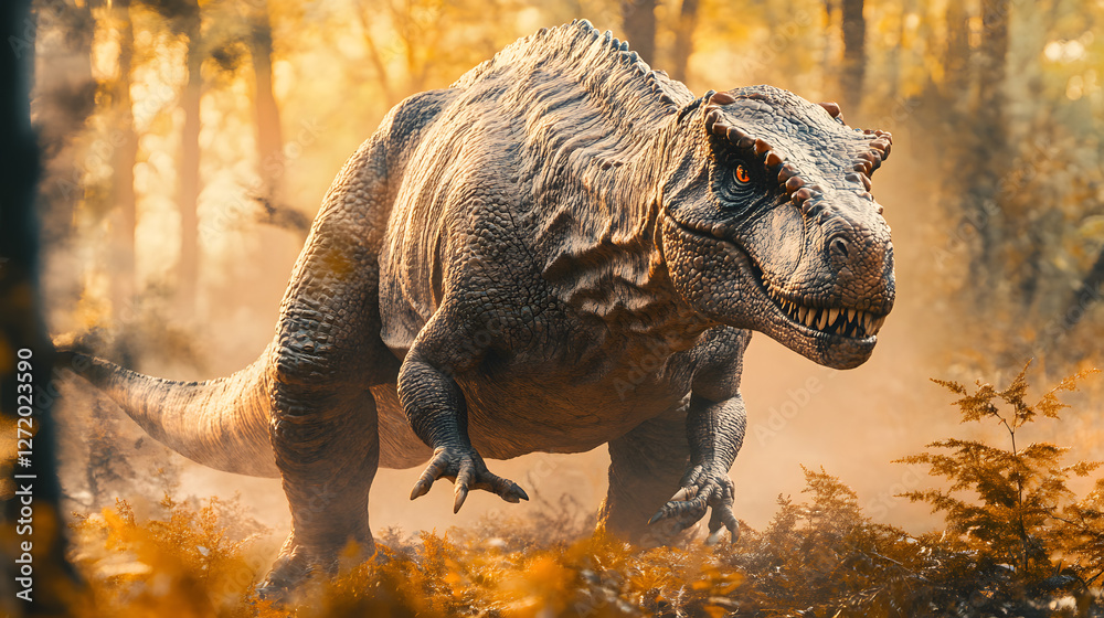 Fototapeta premium Majestic dinosaur walking in a sunlit forest. Ancient giant, prehistoric reptile, formidable and fearsome.