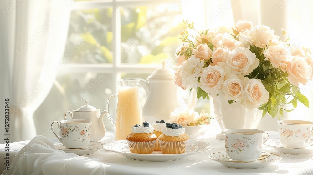 An elegant brunch table setting in a sunlit dining room, blueberry muffins on fine china with floral designs, paired with fresh juice and a small vase of seasonal flowers An elegant brunch table setting in a sunlit dining room, blueberry muffins on fine china with floral designs, paired with fresh juice and a small vase of seasonal flowers