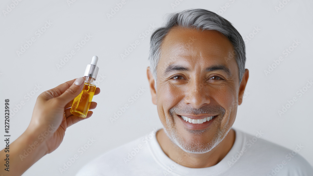 Fototapeta premium Smiling Senior Man with Skincare Oil Bottle