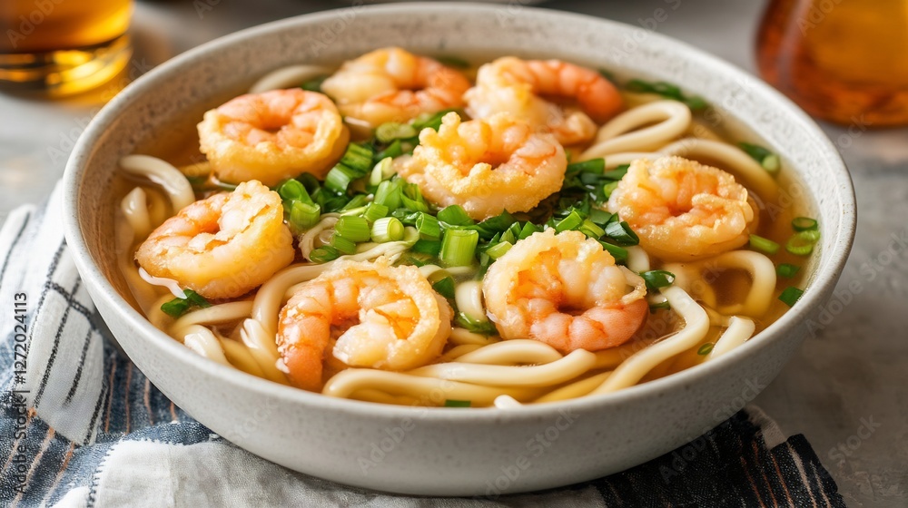 Comforting bowl of udon noodles tempura shrimp green onions and a light broth Comforting bowl of udon noodles tempura shrimp green onions and a light broth