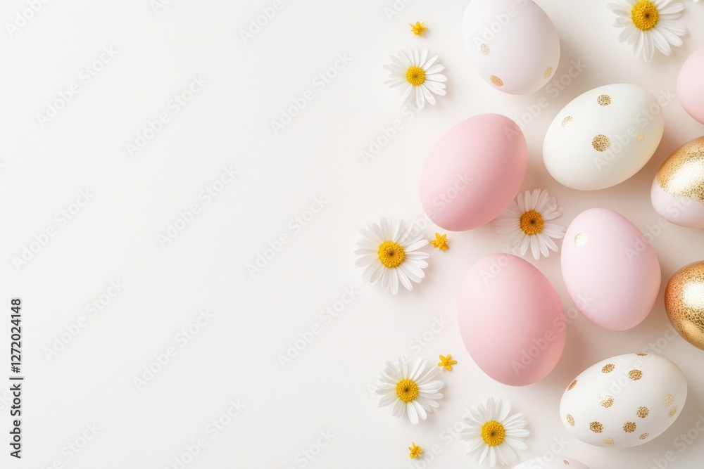 Stylish flat lay of pastel pink, white, and gold easter eggs arranged with daisies on a white background, creating a festive spring scene Stylish flat lay of pastel pink, white, and gold easter eggs arranged with daisies on a white background, creating a festive spring scene