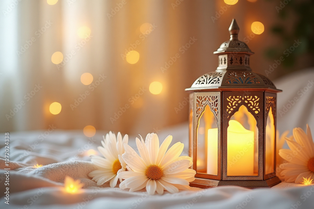 Ramadan style decor with soft glow, lantern and flowers, Ramadan style Ramadan style decor with soft glow, lantern and flowers, Ramadan style