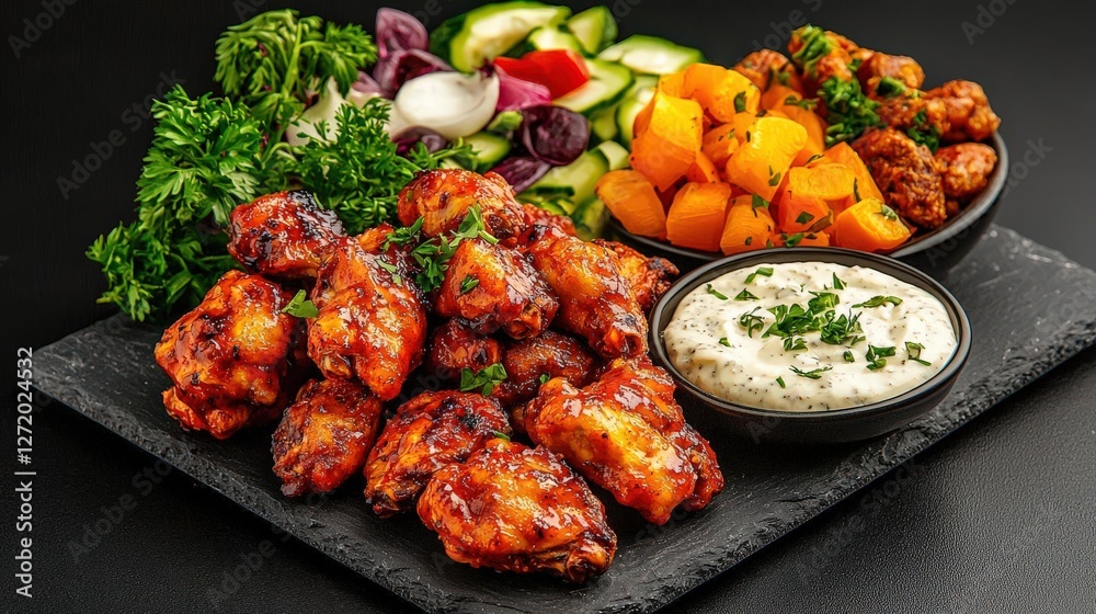 Fototapeta premium An elegant dinner party setting with buffalo wings artfully arranged on a slate platter