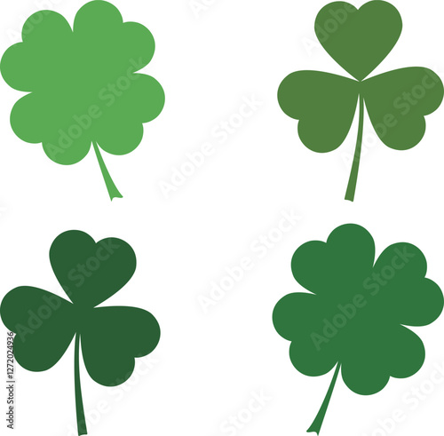 Clover Icon set, shamrock, lucky Irish sign, Santa Patrick's Day symbol good luck sign. Green leaves on transparent. Vector illustration EPS 10,