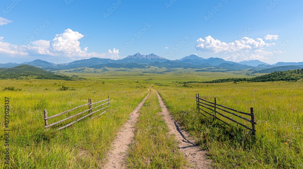 Mountain view, rural road, grassy field, summer Mountain view, rural road, grassy field, summer
