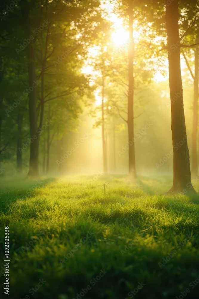 Naklejka premium the sun shines through the trees in a green forest