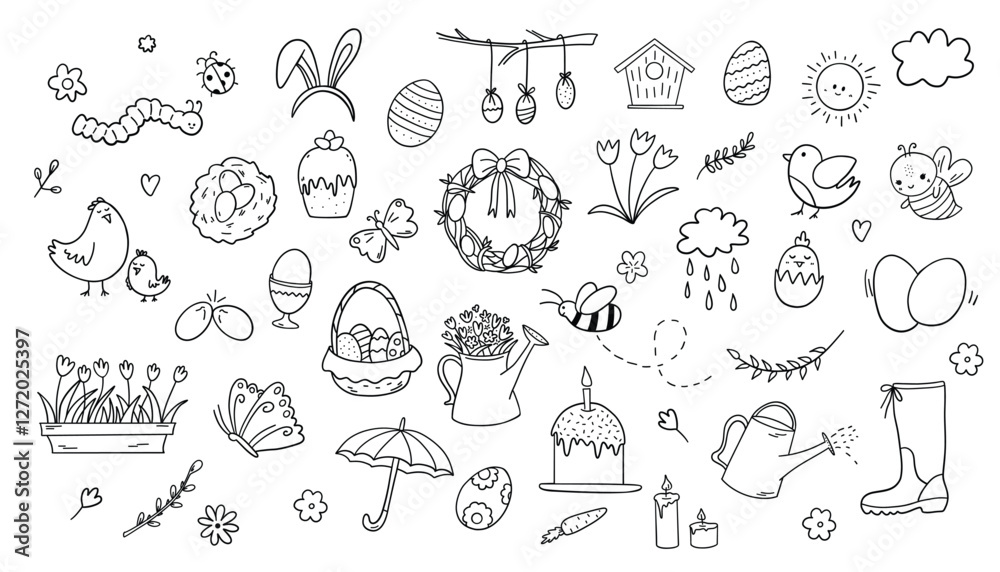Obraz premium Spring. Easter doodles set. Hand drawn vector illustration. Isolated on white background.