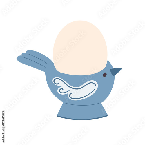 Easter egg in blue egg cup. Decor for holiday, design element for holiday. Vector illustration.