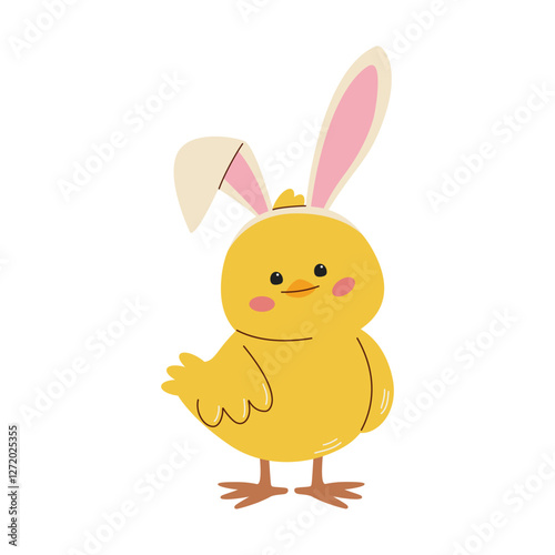 Funny chick wearing rabbit ears,  isolated on white background. Flat vector illustration