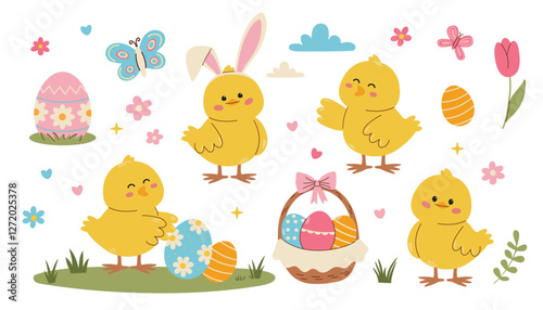 Set of flat vector illustrations for Easter day. Cute Easter bunnies, chickens, egg basket, Easter eggs, flowers and butterflies. Happy Easter inscription . Vector illustration