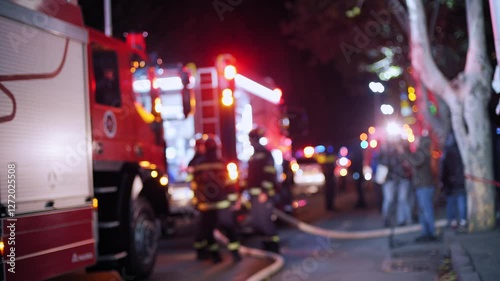 A handheld shot captures a blurred view of flashing firetruck lights as firefighters and reporters work at an emergency accident scene.