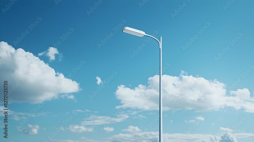 White Streetlight Against a Blue Sky with Fluffy White Clouds White Streetlight Against a Blue Sky with Fluffy White Clouds