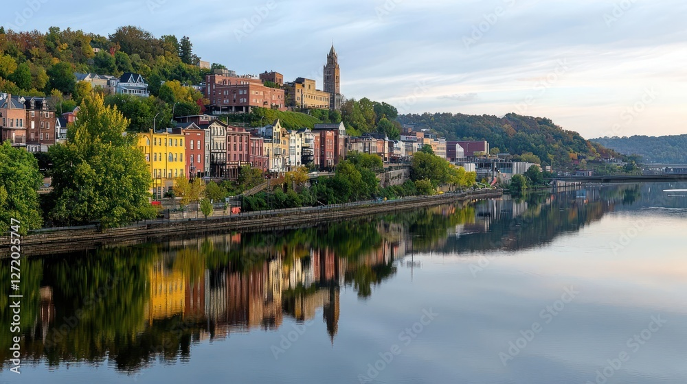 Colorful Houses Reflected in Calm River at Dawn Colorful Houses Reflected in Calm River at Dawn