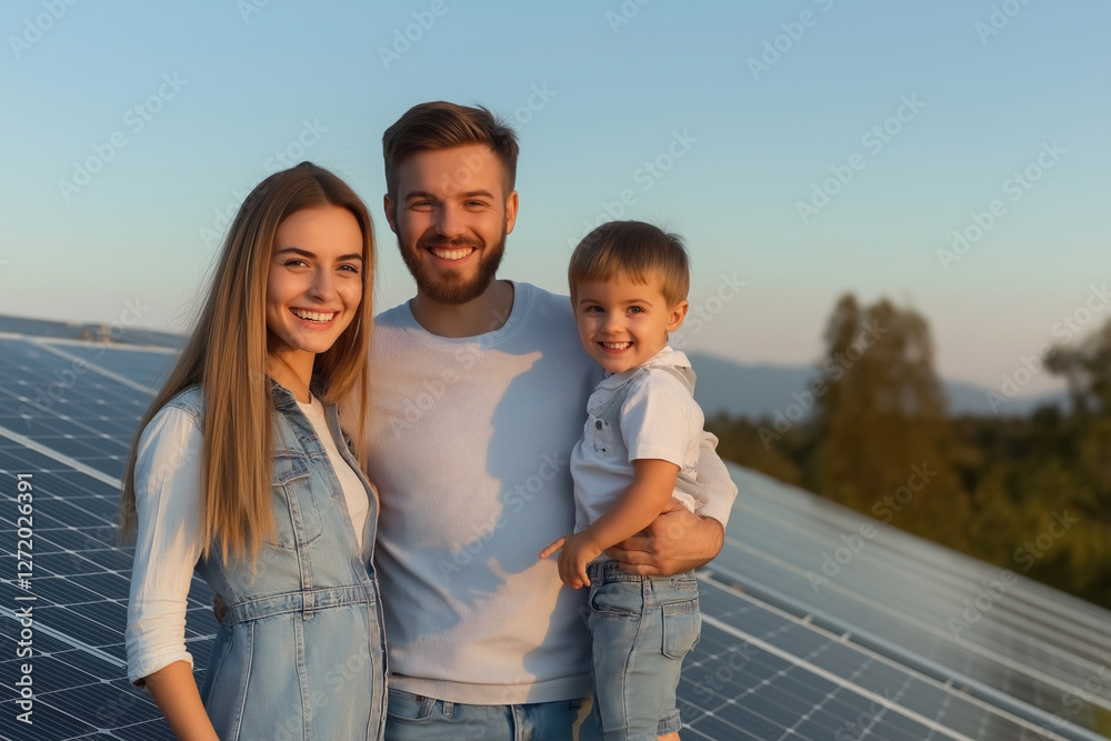 Happy family poses together on a solar panel field during golden hour Happy family poses together on a solar panel field during golden hour