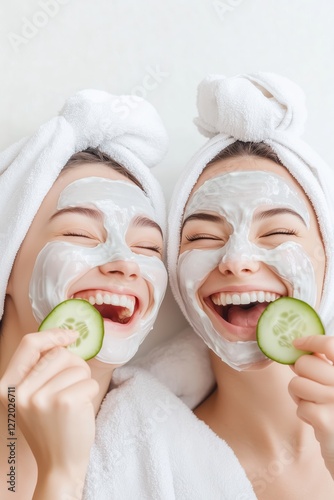 Two cheerful best friends are enjoying a spa day, applying a moisturizing cosmetic mask and holding cucumber slices