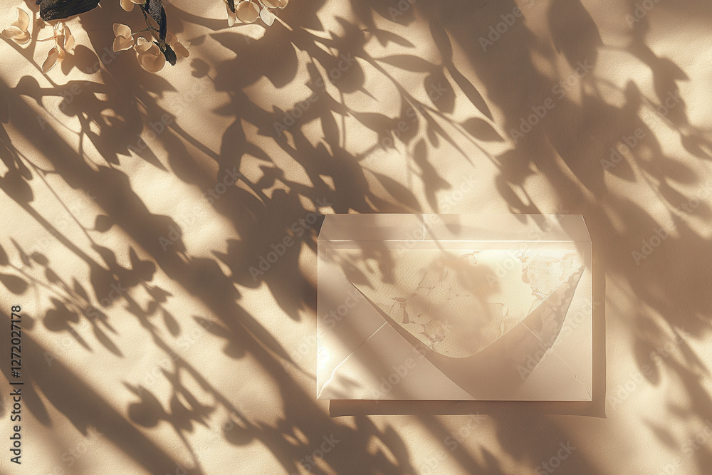 An empty paper card and envelope arranged elegantly, placed against a neutral backdrop An empty paper card and envelope arranged elegantly, placed against a neutral backdrop