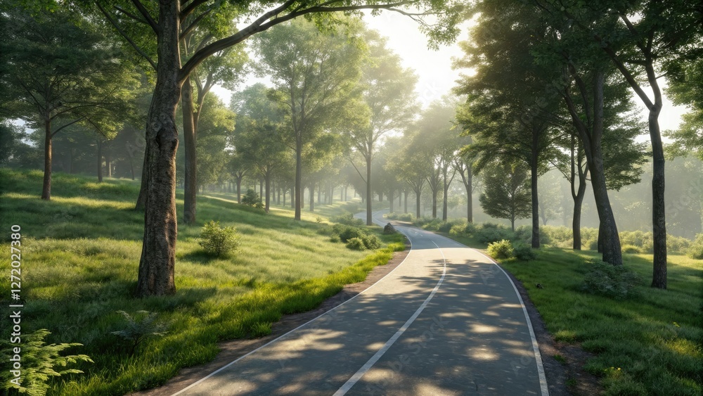 Obraz premium Cycle path passing through a sunlit forest clearing, serene atmosphere, autumn forest, outdoor cycle path, soft focus, forest clearing