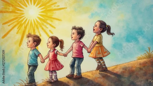 Animated image four cheerful children holding hands and walking towards the sun.
