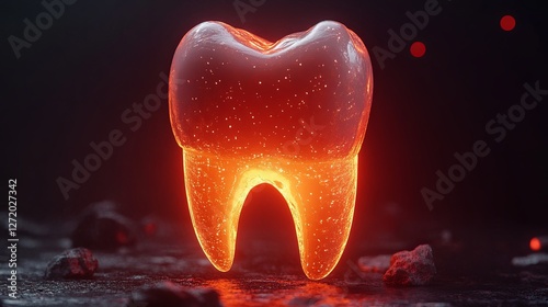 Glowing tooth in dark fantasy landscape with floating embers photo
