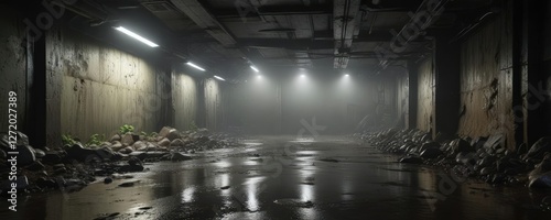 Damp and musty air fills the underground space, damp air, moldy walls