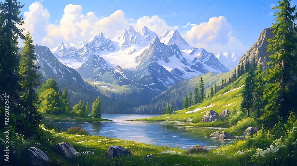 Fototapeta premium Towering Peaks Alpine Forest Calm Lake Breathtaking Scenic Landscape