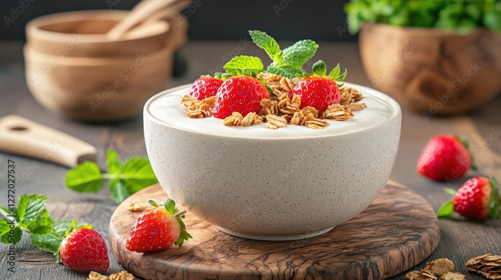 Drinkable yogurt creatively served in a unique ceramic bowl Drinkable yogurt creatively served in a unique ceramic bowl