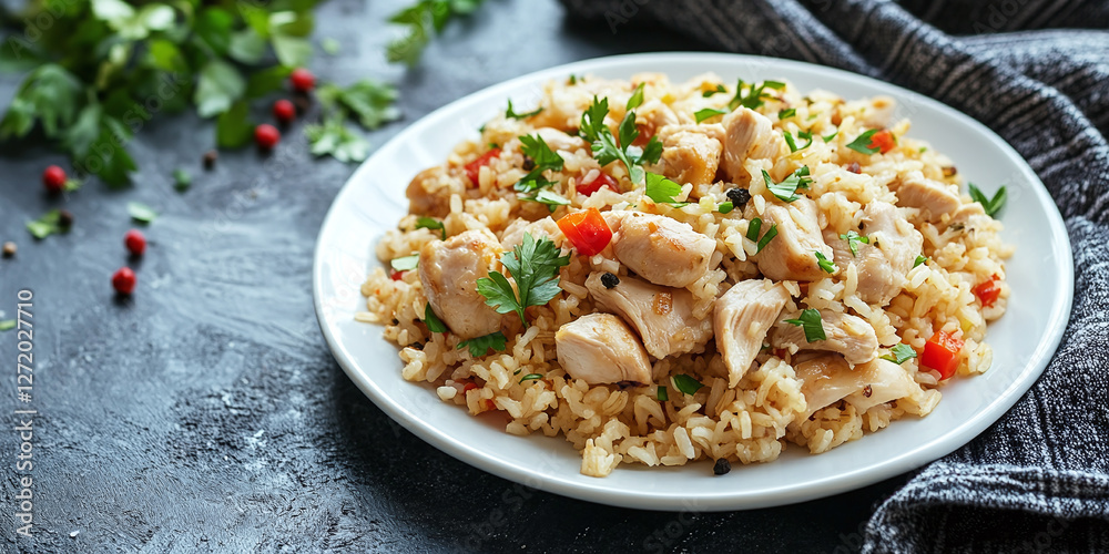 A flavorful chicken and rice dish presented on a white plate, garnished with fresh parsley, served against a dark textured background. A flavorful chicken and rice dish presented on a white plate, garnished with fresh parsley, served against a dark textured background.