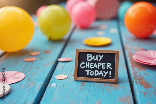 buy cheaper today sign on wooden table photo