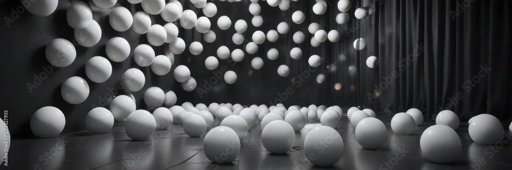 Dark room filled with floating white spherical elements and subtle lighting, ambiance , isolation Dark room filled with floating white spherical elements and subtle lighting, ambiance , isolation