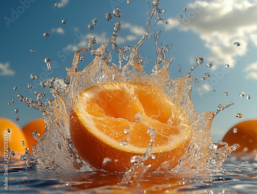 Water splash with orange fruit on blue background. 3d illustration.