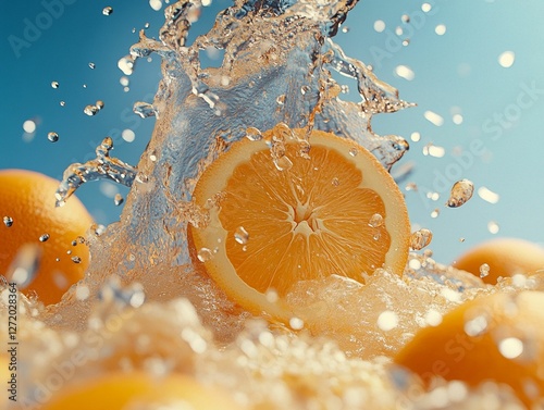 Water splash with orange fruit on blue background. 3d illustration.
