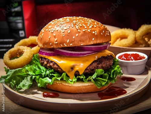 Cheeseburger - American cheese burger with fresh salad and onion rings