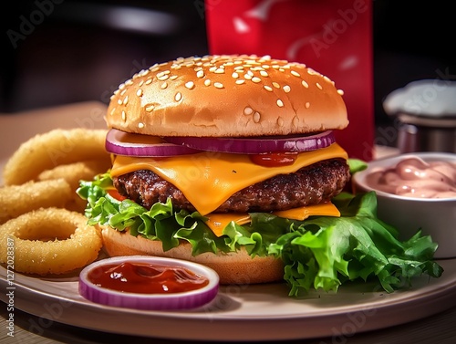 Cheeseburger - American cheese burger with fresh salad and onion rings