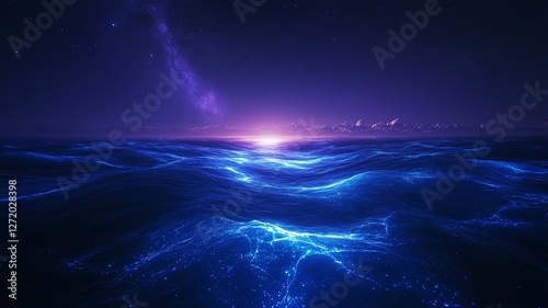 Fantastic starry sky with lightning, illustration. Bright saturated colors.