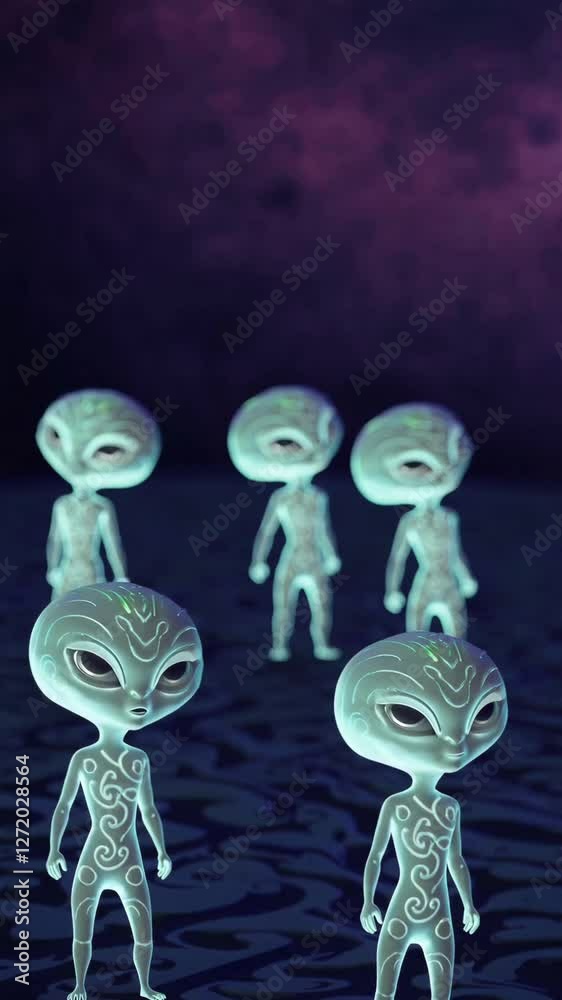 Mysterious alien gathering: intriguing extraterrestrial figures in eerie dimensional space
