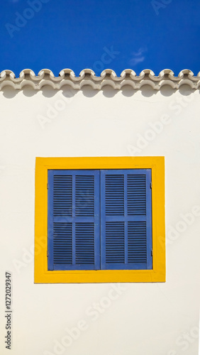 Janela azul com moldura amarela.